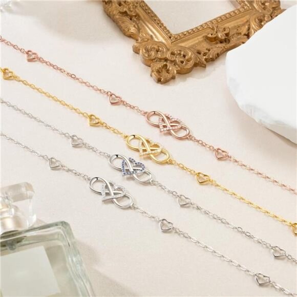 BlingGem Gold Infinity Heart Anklet Women Sterling Silver CZ Beach Jewelry - Picture 4 of 7